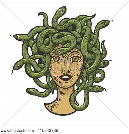 Medusa Gorgo Head With Snakes Color Sketch Engraving Vector Illustration. T-shirt Apparel Print Desi