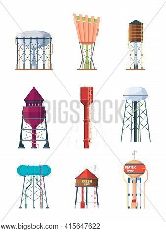 Water Towers. High Industry Tank Containers For Safe Water Big Reserve Metal Rural Storage Garish Ve