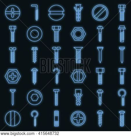 Screw-bolt Icons Set. Outline Set Of Screw-bolt Vector Icons Neon Color On Black