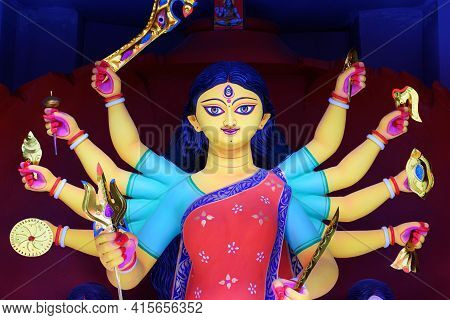 Goddess Durga Idol Decorated At Puja Pandal In Kolkata, West Bengal, India. Durga Puja Is Biggest Re