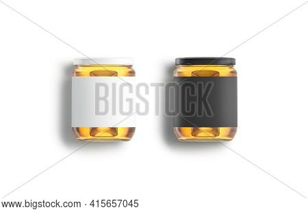 Blank Glass Jar, Black And White Label And Honey Mockup, 3d Rendering. Empty Canned Pot With Honeyme