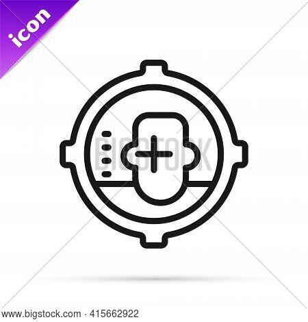 Black Line Headshot Icon Isolated On White Background. Sniper And Marksman Is Shooting On The Head O
