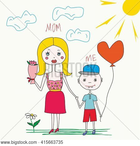 Happy Mothers Day greeting card. Mom and son holding hands on sunny day. childrens drawing as gift to mom. Childrens congratulations, doodles, cartoon people. freehand drawing for mothers day