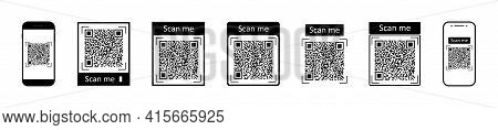 Qr Code For Scan With Mobile. Icons Of Barcode For Phone Scanner. Digital Bar Of Logo With Scan To M