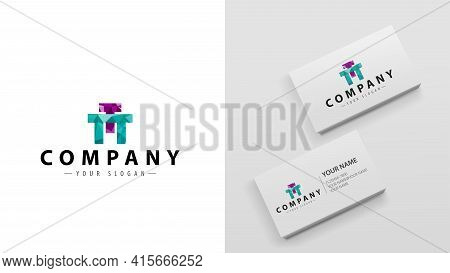Logo Polygon With The Letter T. Mockup Of Business Cards With A Logo