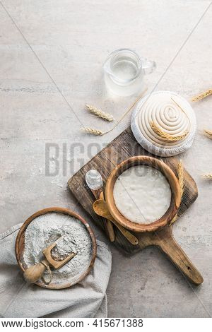The Leaven For Bread Is Active. Starter Sourdough ( Fermented Mixture Of Water And Flour To Use As L