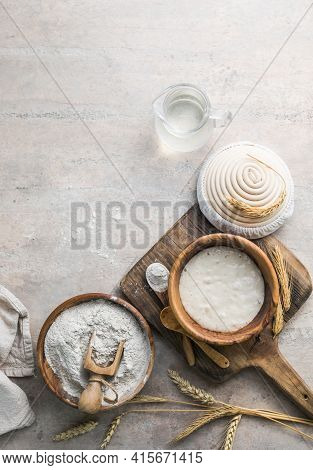The Leaven For Bread Is Active. Starter Sourdough ( Fermented Mixture Of Water And Flour To Use As L