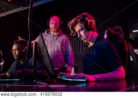 The Training Base Of Esports Players In The Computer Club, The Guys Train With An Experienced Coach