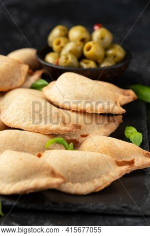 Margarita Margherita Pizza Parcels Pockets Filled With Tomato, Mozzarella Cheese And Basil Served On