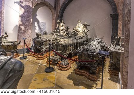 Vienna, Austria - April 26, 2015:  Crypt Of The Habsburger Kings In Vienna, Austria. The Bones Of 14