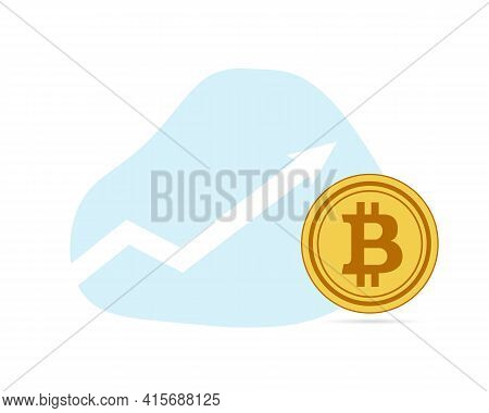 Gold Flat Coin Of Digital Crypto Currency Bitcoin On A Blue Background And A White Arrow Graph Of Th