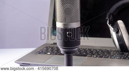 Home Work, Professional Condenser Microphone, Computer And Headset On Light Background, Selective Fo