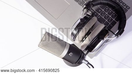 Home Work, Professional Condenser Headset Microphone And Computer, White Background, Top View.