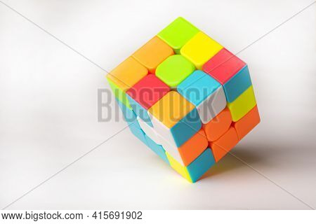 Araras, São Paulo, Brazil, April 4, 2021, Magic Cube With White Background And Shadow, Selective Foc