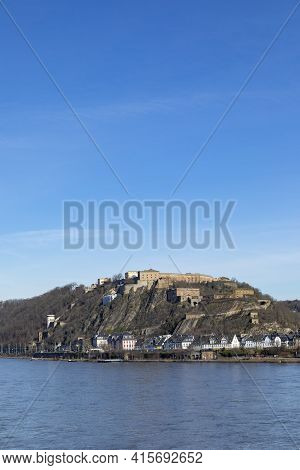 Koblenz, Germany - February 14, 2021: Ehrenbreitstein Fortress In Koblenz, Germany Under Blue Sky.