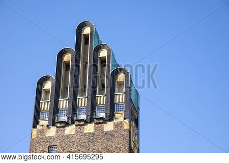 Darmstadt, Germany - March 1, 2021: Marriage Tower In Darmstadt, Hessen, Germany With Blue Sky