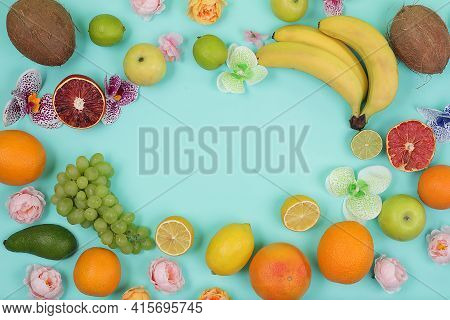 Detox Diet And Weight Loss Concept. Summer Tropical Fruits On Bright Table With Place For Text, Top 