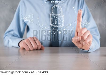 Cyber Security Network. Padlock Icon And Internet Technology Networking. Businessman Protecting Data