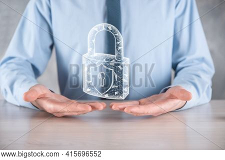 Cyber Security Network. Padlock Icon And Internet Technology Networking. Businessman Protecting Data
