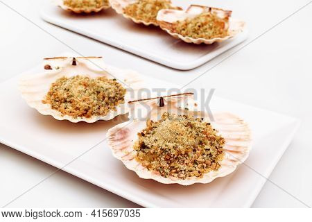 Backed Scallops In Shells On White Background. Scallops Au Gratin On White Plate. Mediterranean Seaf