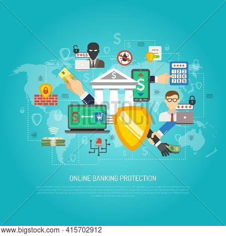 Internet Banking Global Money Transfer Operations Protection Safety Guard Software Poster With Shiel