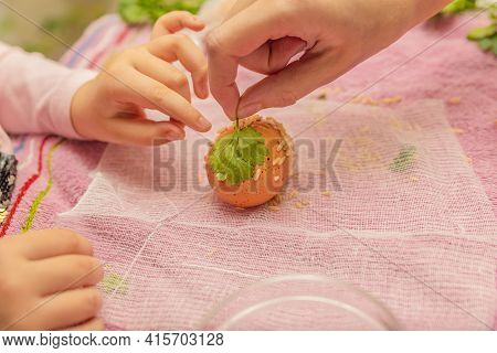 The Process Of Dyeing Eggs Into Onion Husks. Ecological Coloring Of Eggs For Easter. Drawing From Pa