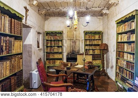 Carmel, Usa - March 15, 2019: Library In Carmel Mission San Carlos Borromeo In Carmel, Usa. Pope Pau