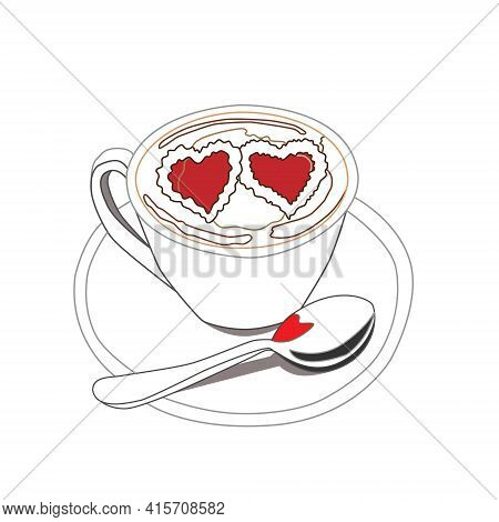Coffee Cup With Two Red Hearts, Contour Vector Illustration. The Concept Of Coffee. A Design Element