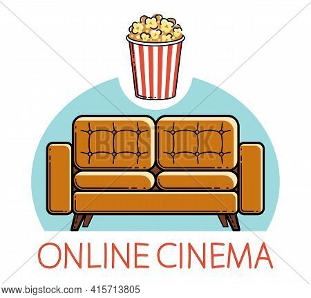 Home Rest Online Cinema Sofa And Popcorn Vector Emblem Or Illustration Isolated On White, Stay Home 