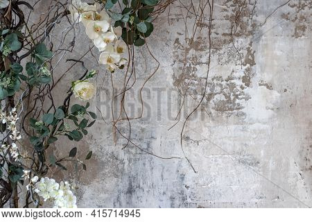 Texture Stained Old Dark Concrete Wall Background With Empty Frame Hang On Wall From Natural Texture