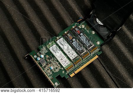 Paris, France - Dec 20, 2020: Open New Dell Ultra Speed Drive Quad Nvme M2 Disk With Multiple Nvme D