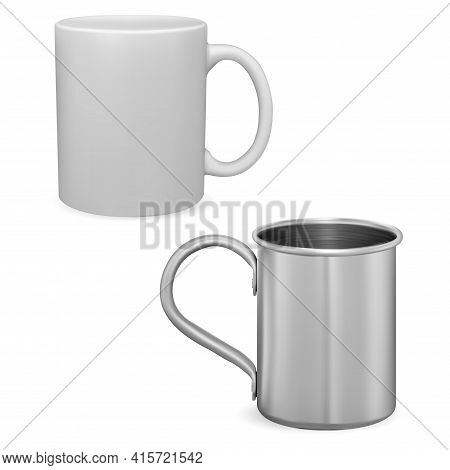 White Coffee Cup Mockup. Silver Metal Mug Isolated. Ceramic Teacup With Handle 3d Vector Template. I