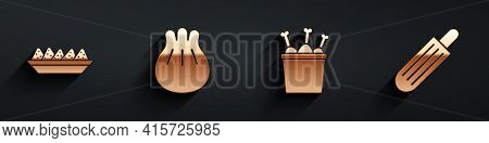 Set Nachos In Plate, Khinkali On Cutting Board, Chicken Leg In Package Box And French Hot Dog Icon W
