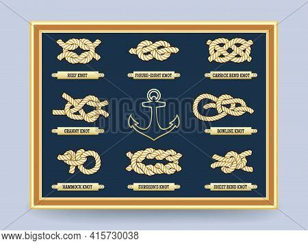 Nautical Rope Knots On The Board In  Frame. Bowline Knot And The Figure Eight. Vector Illustration