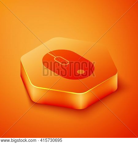 Isometric Computer Mouse Icon Isolated On Orange Background. Optical With Wheel Symbol. Orange Hexag