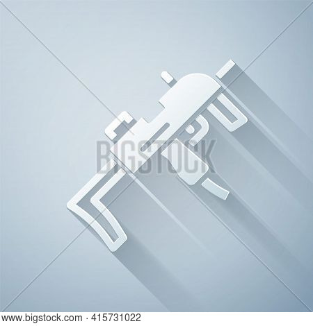 Paper Cut Mp9 Submachine Gun Icon Isolated On Grey Background. Automatic Weapon. Paper Art Style. Ve