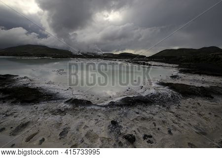Grindavik / Iceland - August 15, 2017: The Geothermal Hot Water And Landscape Around Blue Lagoon, Re