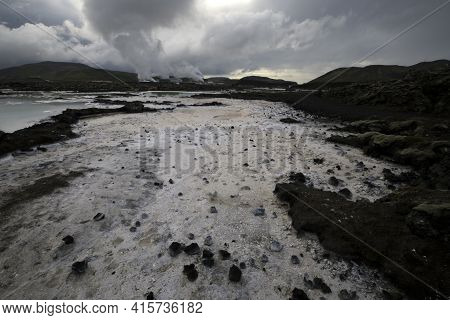 Grindavik / Iceland - August 15, 2017: The Geothermal Hot Water And Landscape Around Blue Lagoon, Re