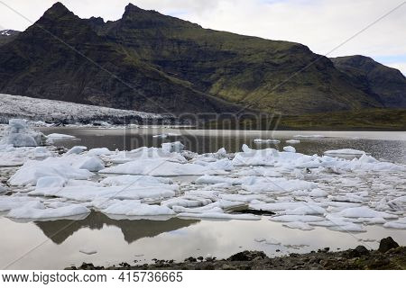 Fjallsarlon / Iceland - August 18, 2017: Fjallsarlon Glacier Lagoon View With Ice Formations, Icelan