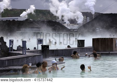 Grindavik / Iceland - August 15, 2017: Tourist Relaxing In Hot Water At Blue Lagoon, Reykjavik, Icel