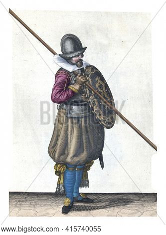 The exercise with shield and spear: the soldier holds the shield with the left hand in front of the body body, vintage engraving.