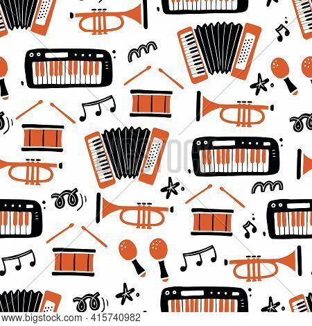 Hand Drawn Seamless Pattern Of Musical Instrument. Flat Sketch Style. Isolated Vector Illustration F