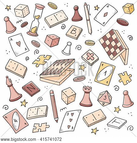 Hand Drawn Set Of Board Game Element, Cards, Chess, Hourglass, Chips, Dice, Dominoes. Doodle Sketch 