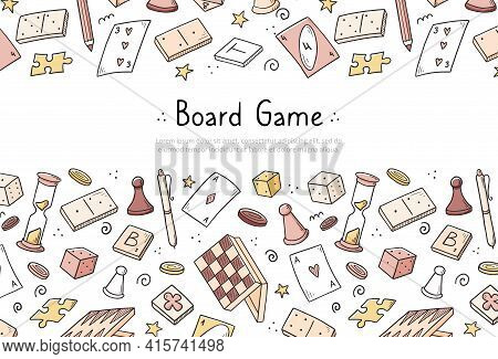 Hand Drawn Website Banner Template With Of Board Game Element. Doodle Sketch Style. Vector Illustrat