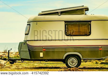 Caravan Trailer Camping On Seashore. Capicorb, Valencia Region Spain. Vacation With Mobile Home.