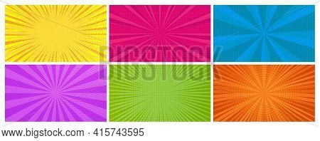 Set Of Six Comic Book Pages Backgrounds In Pop Art Style With Empty Space. Template With Rays, Dots 