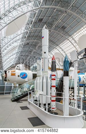 Moscow, Russia - November 28, 2018: Space museum. Inside The Cosmonautics and Aviation Centre in the Cosmos pavilion of VDNH. Aircraft exhibition. Rocket science.