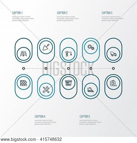 Construction Icons Line Style Set With Spatula, Stair, Painting Bucket And Other Concrete Mixer Elem