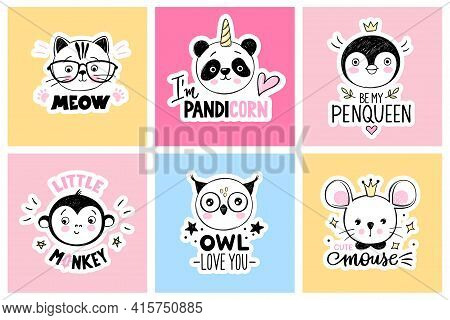 Vector Set With Cartoon Doodle Animals - Panda, Cat, Cat, Monkey, Owl, Mouse, Penguin. Funny Quotes.