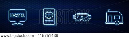 Set Line Ski Goggles, Location Hotel, Passport And Rv Camping Trailer. Glowing Neon Icon On Brick Wa